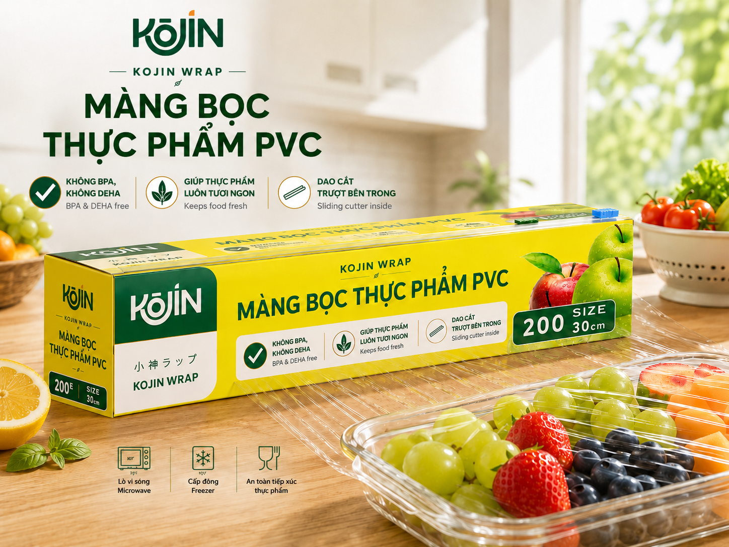 mang-boc-thuc-pham-kojin-k200e Màng bọc thực phẩm PVC Kojin K200E 30cm - hộp 200 tờ, không BPA không DEHA