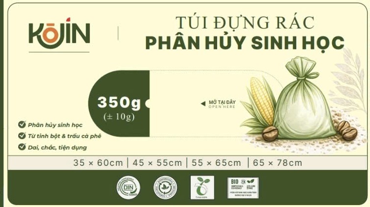 Bao bì túi rác phân hủy sinh học Kojin làm từ tinh bột và vỏ trấu cà phê - 4 cỡ 35x60, 45x55, 55x65, 65x78cm